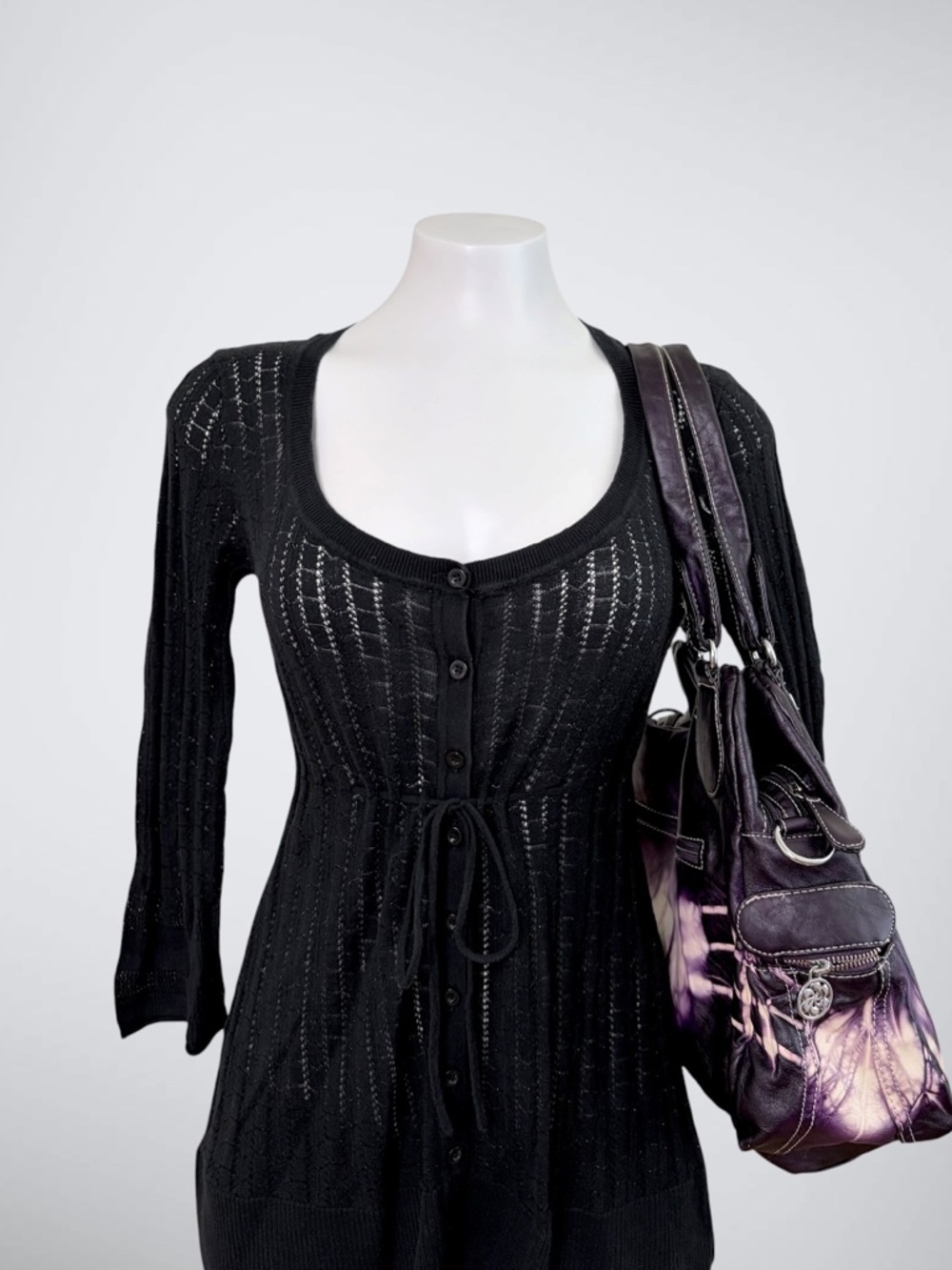 Vtg DKNY JEANS Black Pointelle Knit Babydoll Cardigan Top Y2K - Picture 4 of 7